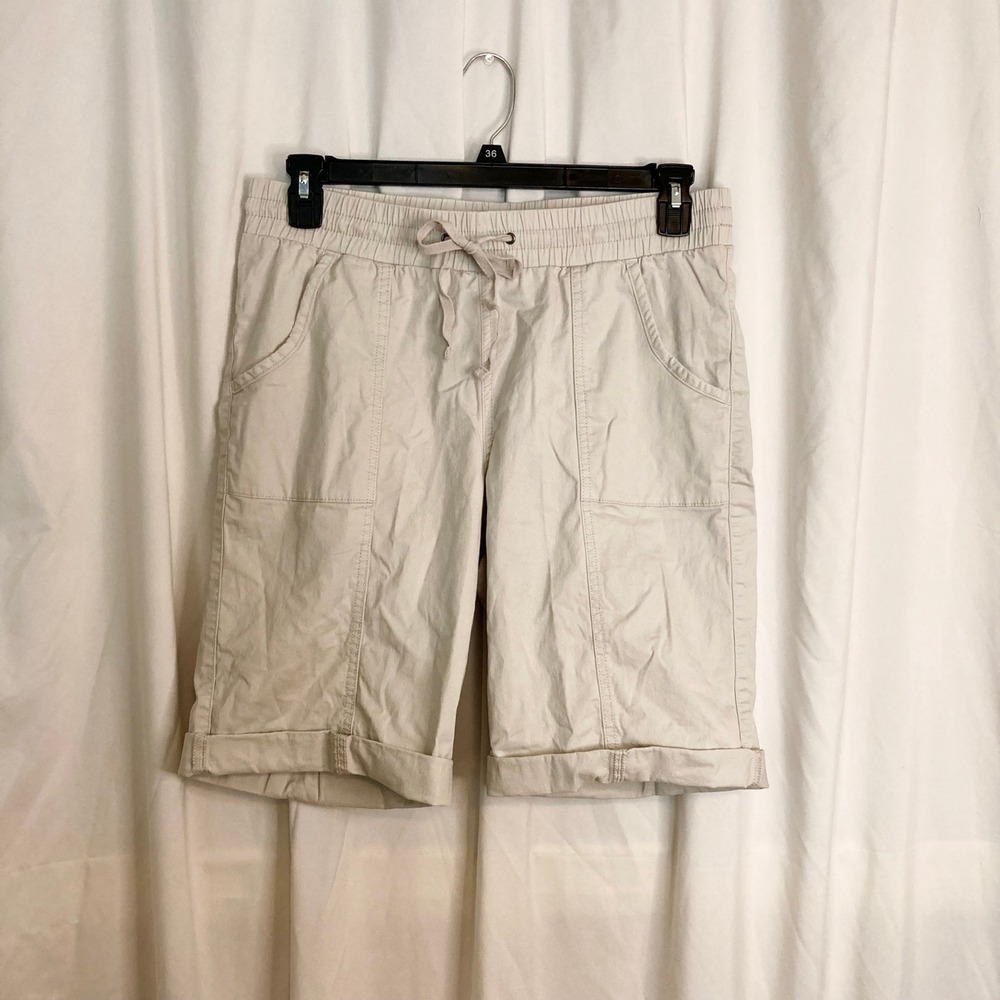 Khaki Bermuda Shorts Elastic Waist Stretch Cotton Twill Karen Scott M Utility